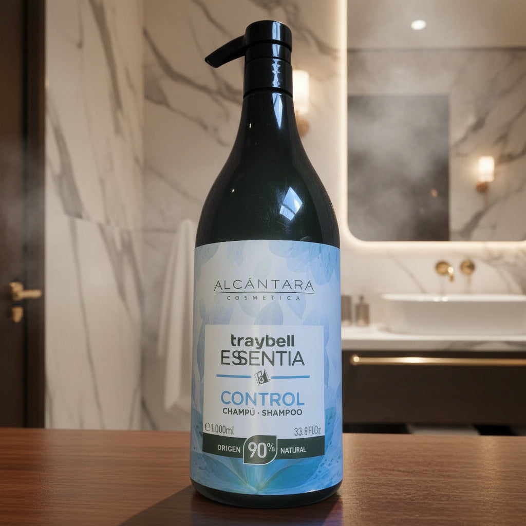 Bottle of Alcantara Cosmetics shampoo on a carpeted floor