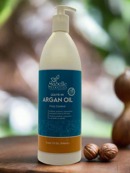 Argan Oil Leave-In Conditioner with a luxurious soft beige background and delicate gold argan leaf pattern. The product features a prominent blue label, emphasizing its high-quality, nourishing formula.