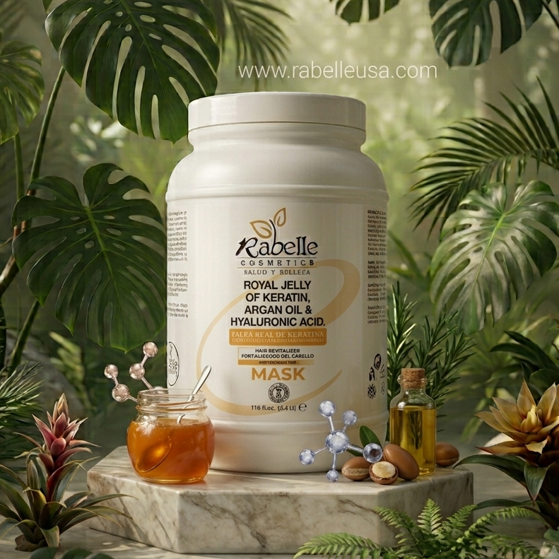 A large white tub of Kabelle Naturals Royal Jelly mask is displayed on a marble pedestal surrounded by lush tropical green leaves, honey, and small botanical props.