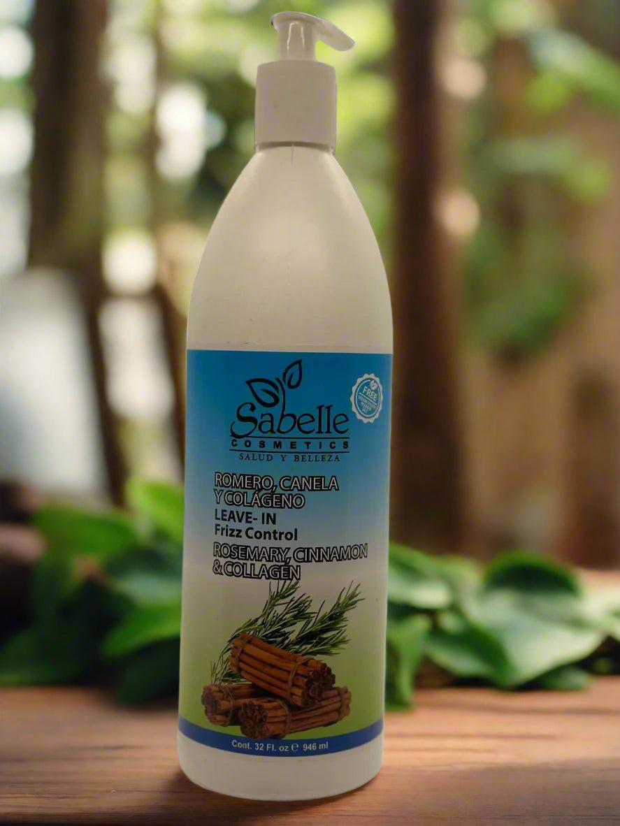 32-ounce bottle of Sabelle Cosmetics Rosemary, Cinnamon & Collagen Leave-In Frizz Control with a blue label, featuring images of cinnamon sticks and rosemary sprigs.