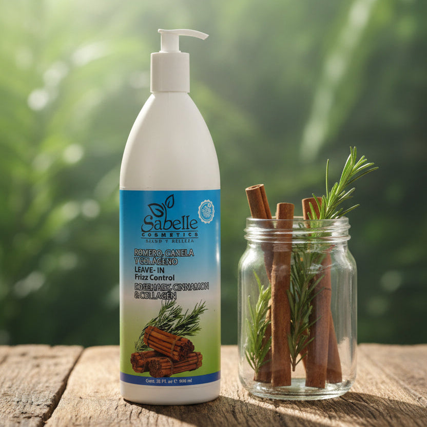 32-ounce bottle of Sabelle Cosmetics Rosemary, Cinnamon & Collagen Leave-In Frizz Control with a blue label, featuring images of cinnamon sticks and rosemary sprigs.