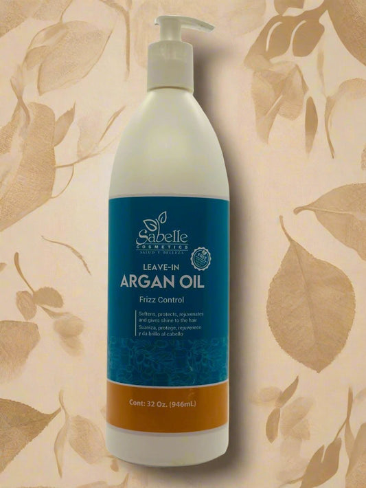 Argan Oil Leave-In Conditioner with a luxurious soft beige background and delicate gold argan leaf pattern. The product features a prominent blue label, emphasizing its high-quality, nourishing formula.