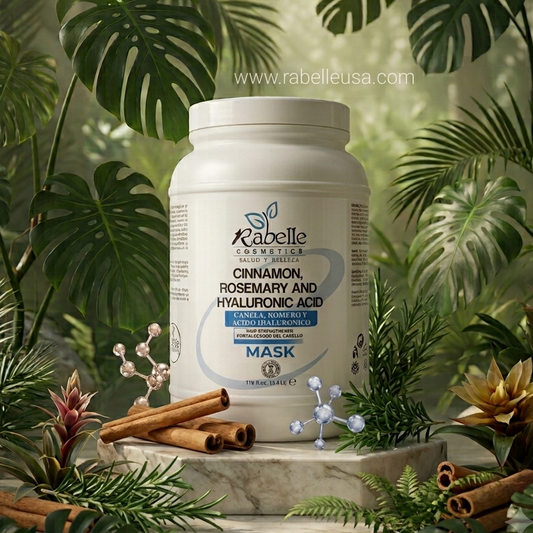 A white tub of Kabelle Skin & Hair Mask centered on a stone pedestal, surrounded by lush green tropical leaves, cinnamon sticks, and small flowers. The label reads 'Cinnamon, Rosemary and Hyaluronic Acid Mask'.