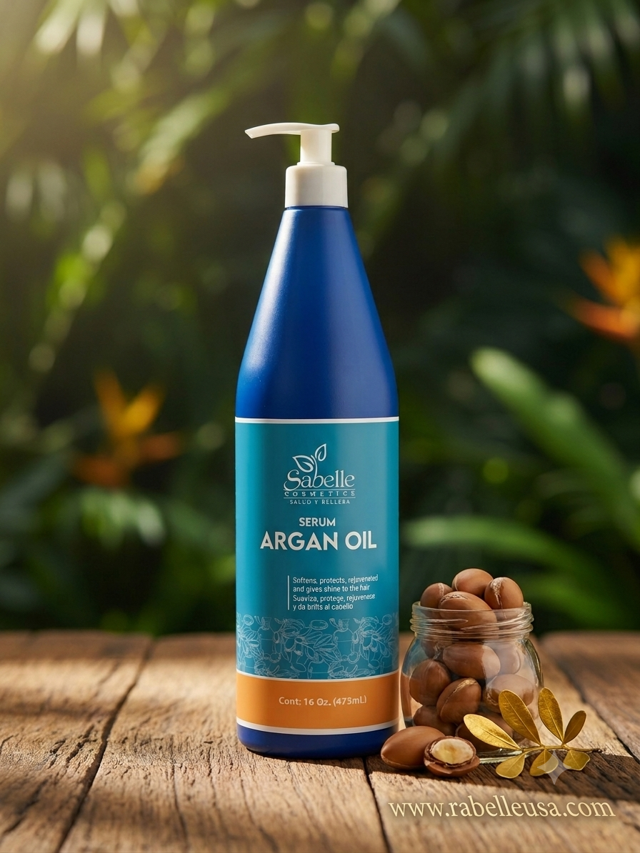 A blue pump bottle of Sebelle Organics Argan Oil serum stands on a rustic wooden surface with a small glass jar of argan nuts and dried leaves beside it. The background is a blurred tropical green foliage with warm sunlight filtering through.