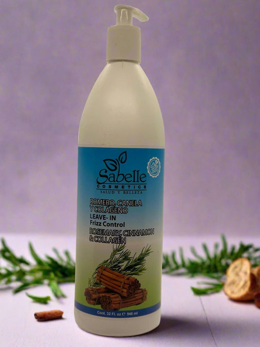 32-ounce bottle of Sabelle Cosmetics Rosemary, Cinnamon & Collagen Leave-In Frizz Control with a blue label, featuring images of cinnamon sticks and rosemary sprigs.