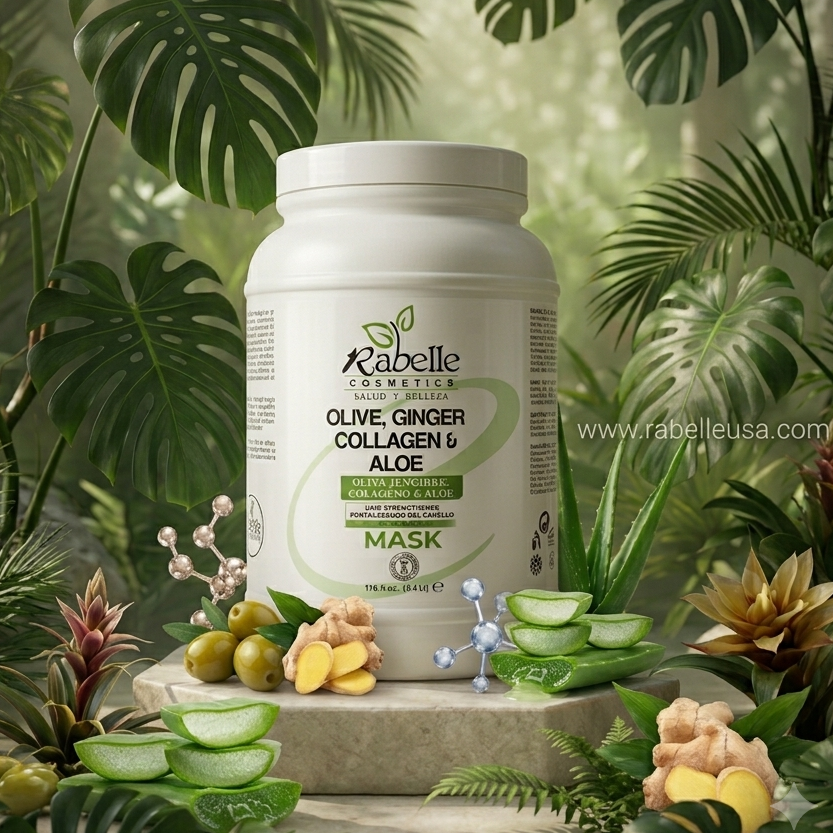 A white tub of Rabelle Collagen mask powder stands on a stone pedestal surrounded by tropical green leaves, sliced aloe vera, olives, and ginger roots. The label reads 'Olive Ginger Collagen & Aloe' and 'MASK B'.