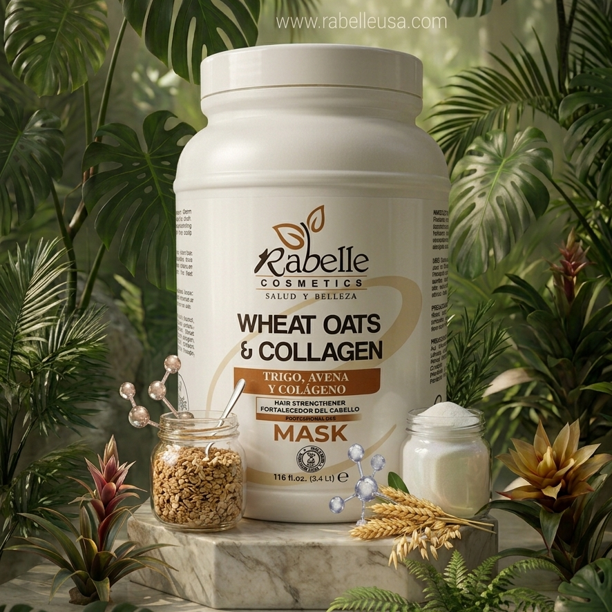 A large white tub of Rabelle Cosmetics Wheat Oats & Collagen Mask is displayed on a stone pedestal surrounded by lush tropical green leaves, wheat stalks, and small jars of ingredients.